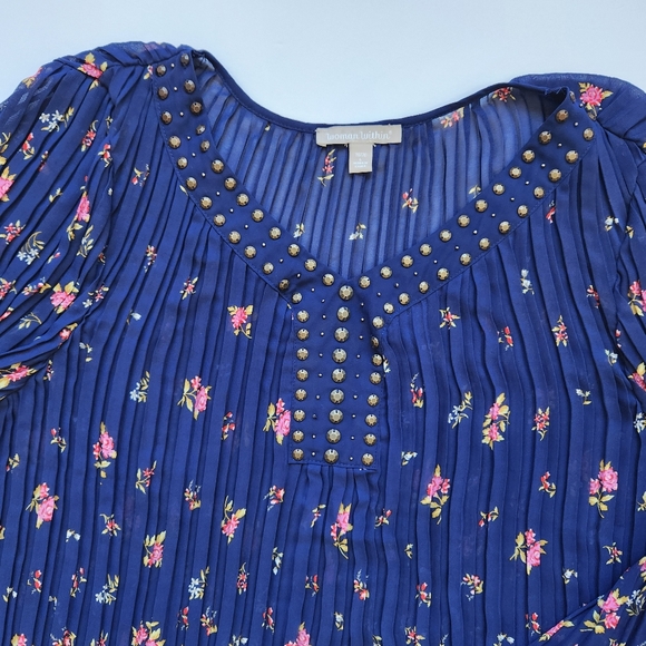 Woman Within Sheer Pleated Blouse Top Floral Print Navy Blue Pink Plus Large 18 - Picture 9 of 16
